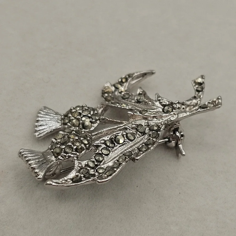 Scottish Double Thistle Brooch Silver Tone Celtic Marcasite Style Floral Pin